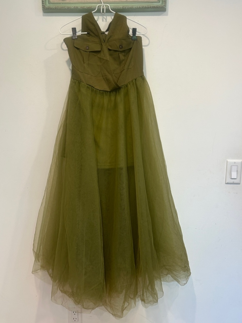Ursime Olive Green Maxi Tulle halter cargo rocker Dress women’s medium new